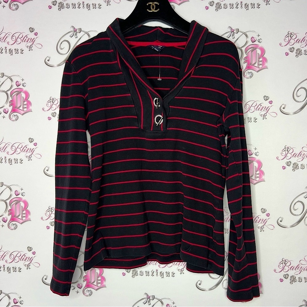 Nautica sweater toggle buttons black and red striped collared pull over hoodie